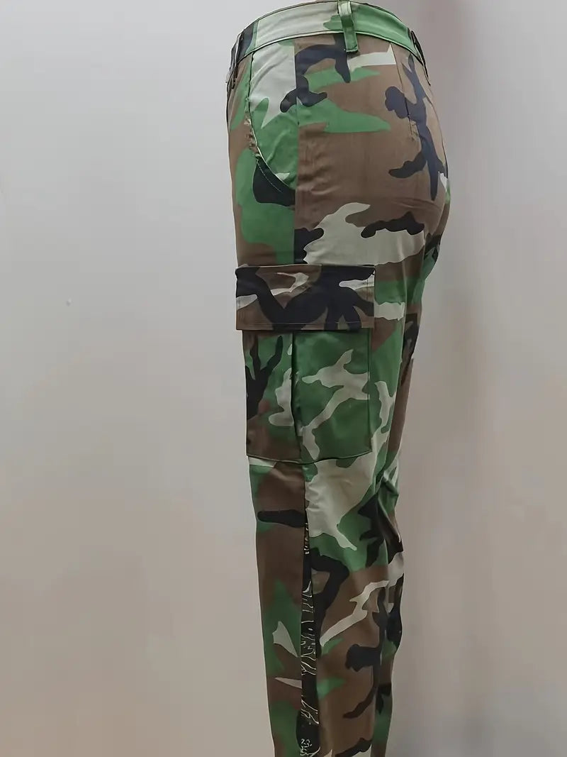 Pantalones tácticos rectos de cintura alta con estampado de camuflaje para mujer