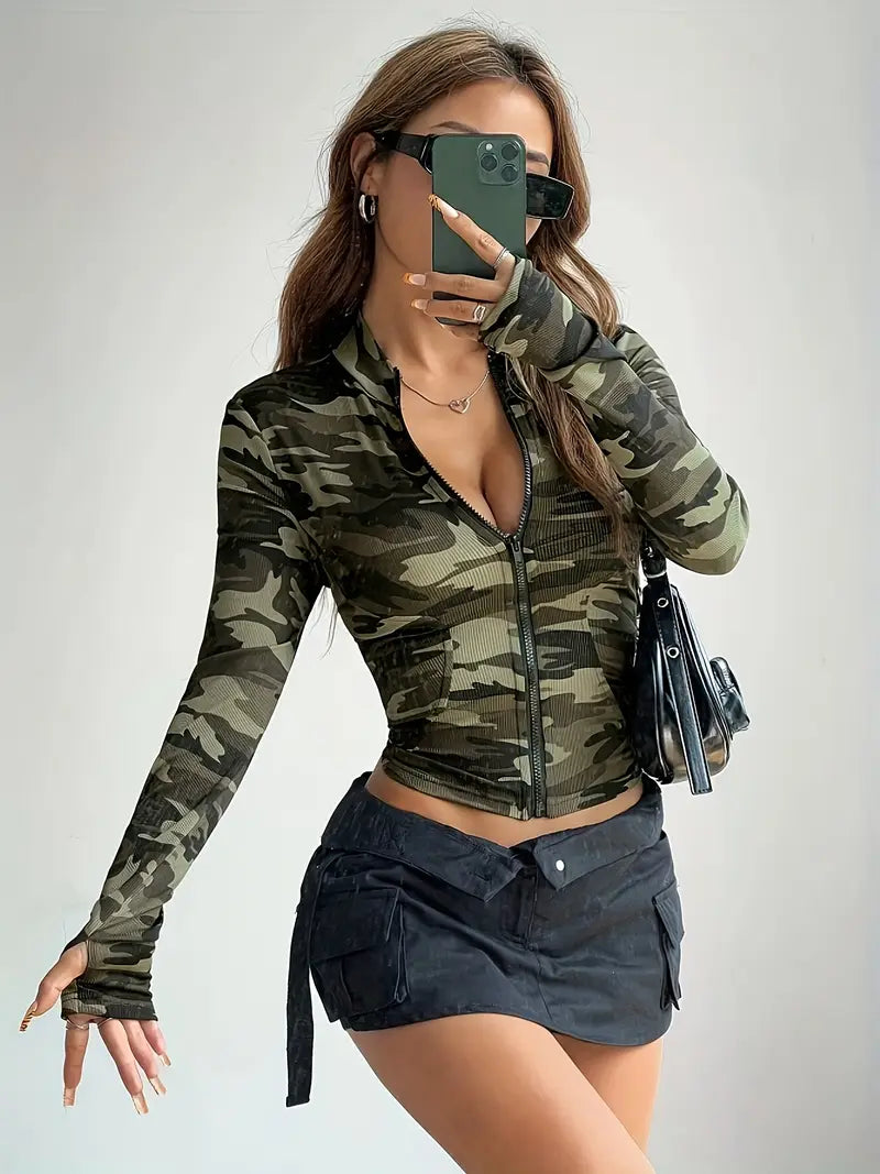 Blusa de Manga Larga con Cremallera para Mujer en Estampado Camuflaje