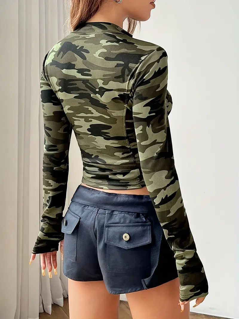 Blusa de Manga Larga con Cremallera para Mujer en Estampado Camuflaje