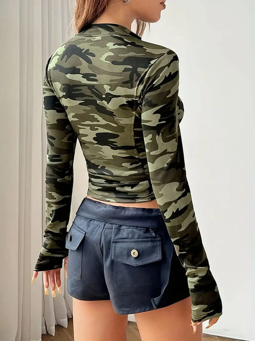 Blusa de Manga Larga con Cremallera para Mujer en Estampado Camuflaje