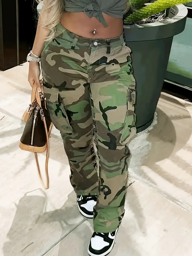 Pantalones tácticos rectos de cintura alta con estampado de camuflaje para mujer