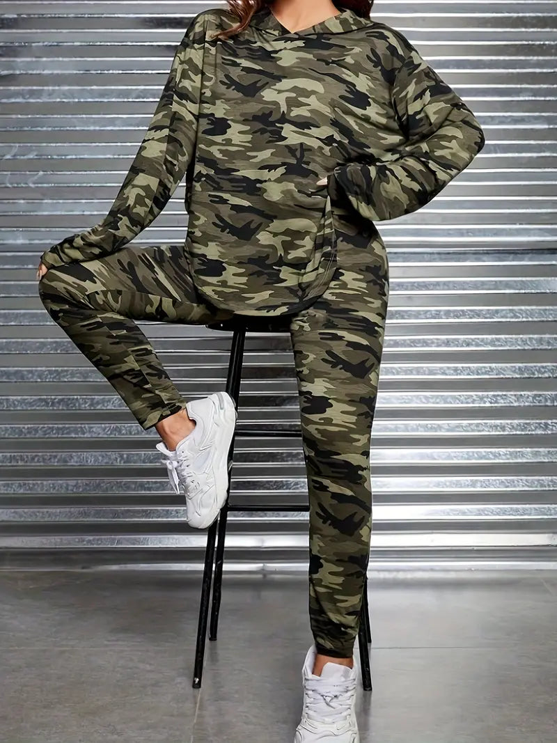 Conjunto casual de dos piezas con estampado de camuflaje para mujer