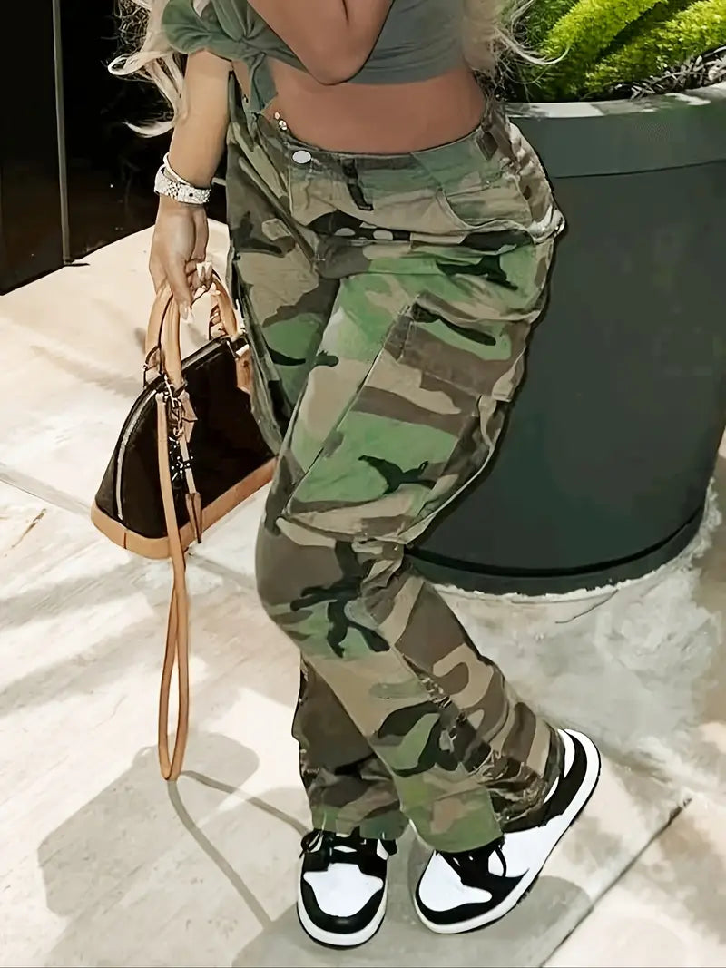 Pantalones tácticos rectos de cintura alta con estampado de camuflaje para mujer