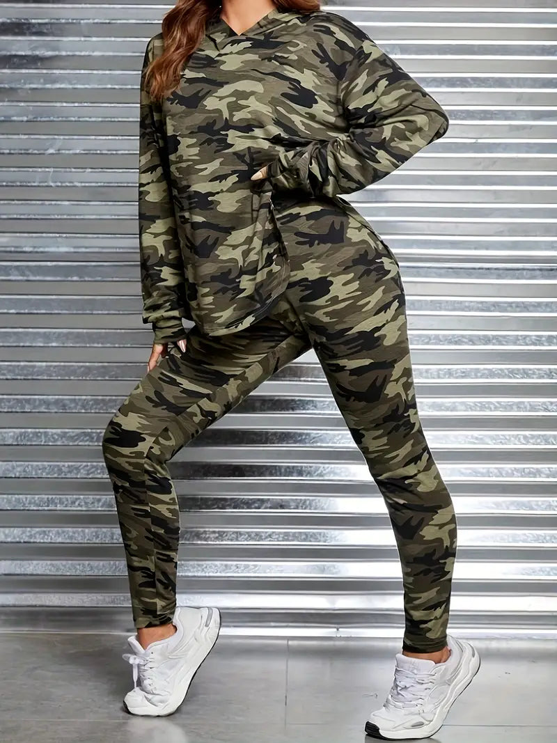 Conjunto casual de dos piezas con estampado de camuflaje para mujer