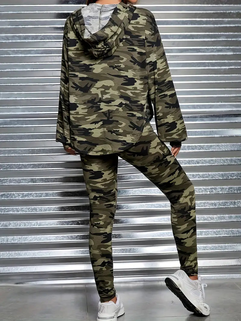 Conjunto casual de dos piezas con estampado de camuflaje para mujer