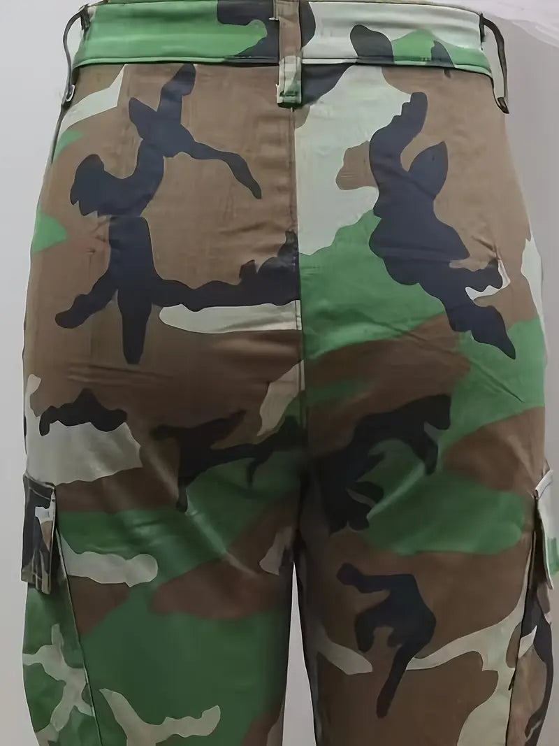Pantalones tácticos rectos de cintura alta con estampado de camuflaje para mujer